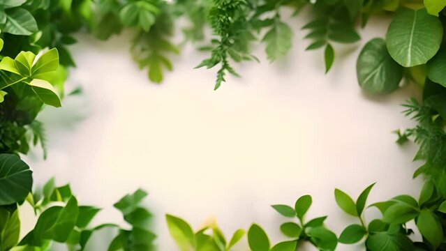 Green tropical leaves frame on white background for text or logo. Jungle green plants on white screen. Stylish nature moving beauty