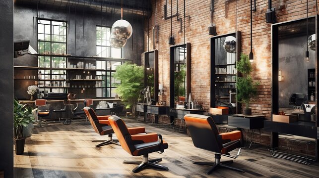 Industrial hair dressing, barbershop or hair salon interior design concept. Created with Generative AI