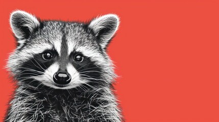 a close up of a raccoon's face on a red background with a black and white drawing of a raccoon's face on it.