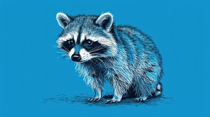 Obraz premium a painting of a raccoon on a blue background with a black spot on the side of the raccoon's face and the raccoon's head.