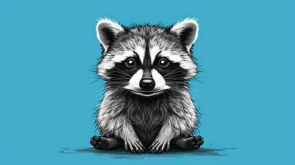  a raccoon is sitting on the ground with its paws on it's chest, looking at the camera, with its eyes wide open, on a blue background.