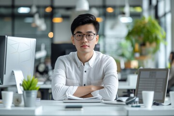 Symmetrical Photo Of Asian Professional Engaged In Business Tasks, With Copy Space In Center