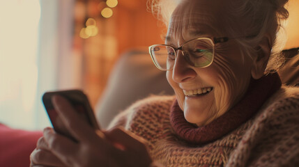 Senior woman smiling and looking at her smartphone at home. Elderly female learning digital skills with smart technology. AI generated - obrazy, fototapety, plakaty