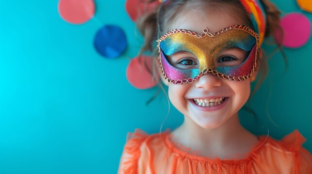 A five-year-old girl wearing a carnival mask laughs and looks at the camera on a minimalistic bright background