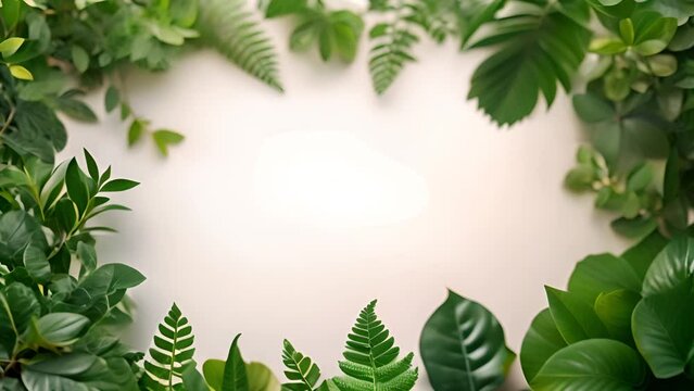 Green tropical leaves frame on white background for text or logo. Jungle green plants on white screen. Stylish nature moving beauty