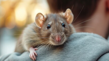 A domestic rat sits on the shoulder of its young handsome owner and looks at the camera with big eyes - obrazy, fototapety, plakaty
