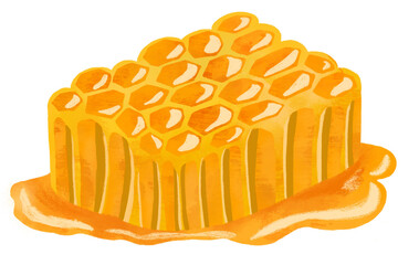 Watercolor honeycomb piece element isolated on white. Yellow sweet honey illustration in childish style. Cute organic food, slice of honey, hand drawn cartoon healthy product.
