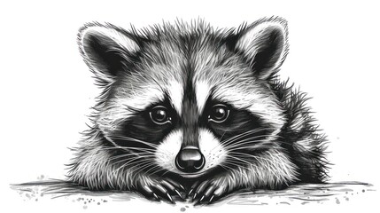  a black and white drawing of a raccoon resting its head on the ground with it's paws on it's head and eyes open, looking to the side.