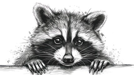  a black and white drawing of a raccoon peeking out from behind a piece of wood with its paw on the edge of a piece of wood with the raccoon.