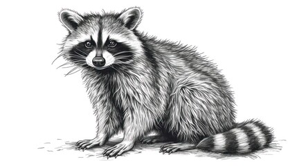  a black and white drawing of a raccoon sitting on the ground looking at the camera with a sad look on it's face and a black and white background.