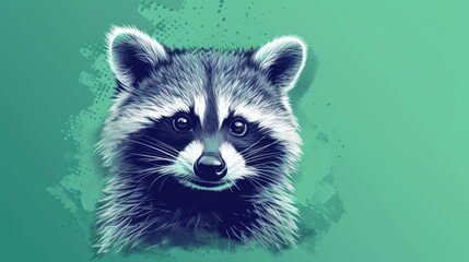  a close up of a raccoon's face with paint splattered on the side of the face and on the side of the face is a green background.