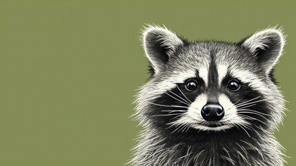  a close up of a raccoon's face on a green background with a black and white drawing of a raccoon's face on it.