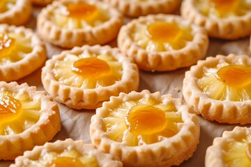 Vibrant And Cheery Closeup Of Symmetrical Pineapple Tart Cookies With Jam Filling, Centered In Perfectly Balanced Photo With Copy Space