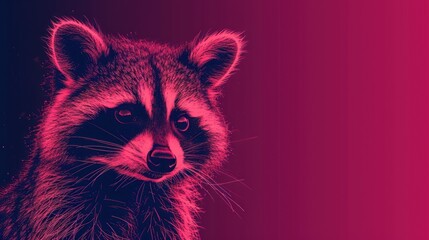  a close up of a raccoon's face on a red and blue background with a blurry image of a raccoon in the middle of the foreground.