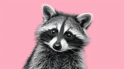  a close up of a raccoon on a pink background with a black and white image of a raccoon looking at the camera with a pink background.