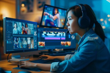 Creative Asian Movie Editor In Denim Jacket Skillfully Editing Video On Computer