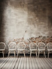White wooden chairs against an exposed brick wall in a minimalist setup