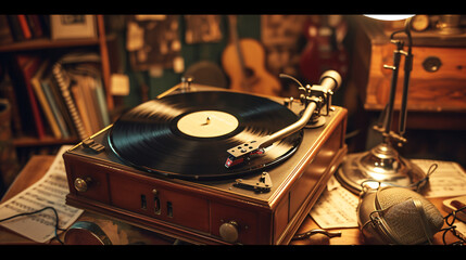 A vintage record player with a classic vinyl album spinning surrounded by old music notes and a...