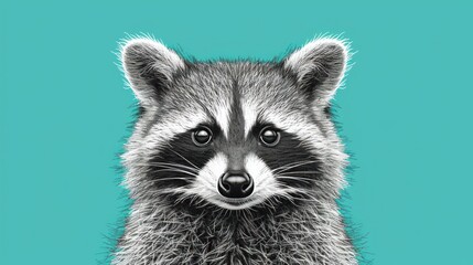  a close up of a raccoon's face on a blue background with a black and white drawing of a raccoon's head on it.