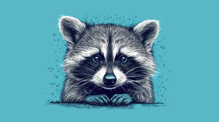  a close up of a raccoon's face with its paws on the ground and it's head resting on the ground, on a blue background.