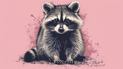  a raccoon sitting in front of a pink background with a black and white drawing of a raccoon on it's front of it's face.