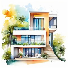 Fototapeta premium watercolor painting Details sheet minimal style, three level modern villa, architectural competition, hand drawing concept