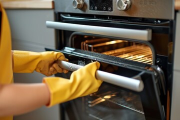 Close up of cleaning lady in stylish kitchen washing oven with gloves