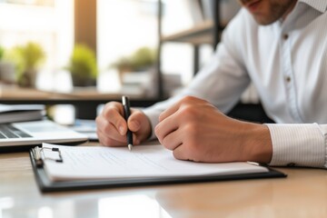 A businessman, an office worker a lawyer takes notes on paper close-up