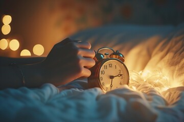Waking up in the morning, hand reaching for the alarm clock.