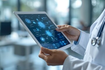 Connecting Globally for Online Health Services. Doctor Utilizing Digital Tablet and Laptop for Electronic Medical Records and Global Health Network Revolutionizing Healthcare