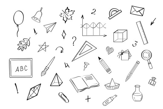 Back to school set of doodle elements. Sketch draw school supplies icons. Vector illustration in line. All elements isolated