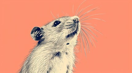  a drawing of a rodent looking up into the sky with its front paws on it's hind legs, with its mouth wide open, on an orange background. - obrazy, fototapety, plakaty