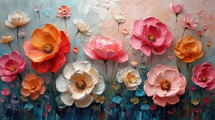 Generative AI, Oil painting of spring flowers on canvas. Beautiful abstract colorful flowers. Macro impasto painting. - obrazy, fototapety, plakaty