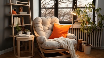 Comfortable armchair with an orange pillow creates a welcoming reading corner near the window