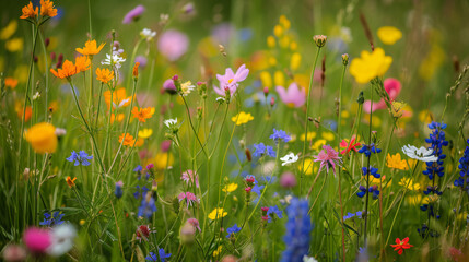 A wildflower meadow in full bloom with a variety of colors and species.