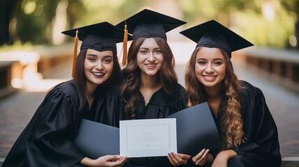 Beautiful students girls group prepare for the exam on the park