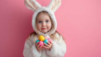 Fototapeta premium A little girl in a white hare costume holds colorful Easter eggs in her hands on a pink minimalistic background