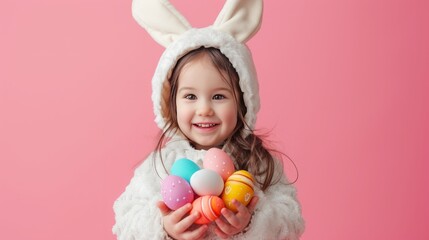 Fototapeta na wymiar A little girl in a white hare costume holds colorful Easter eggs in her hands on a pink minimalistic background
