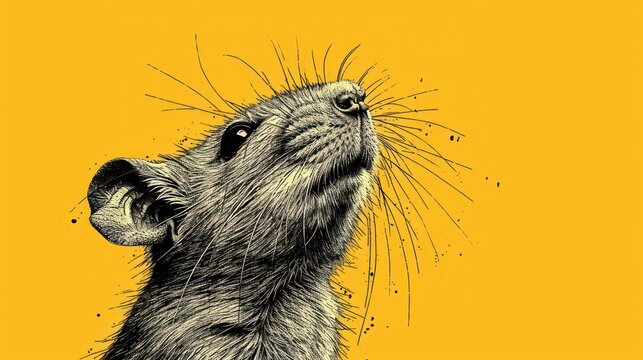  a black and white drawing of a rodent looking up into the sky with its mouth wide open on a yellow background with splats of paint splats.