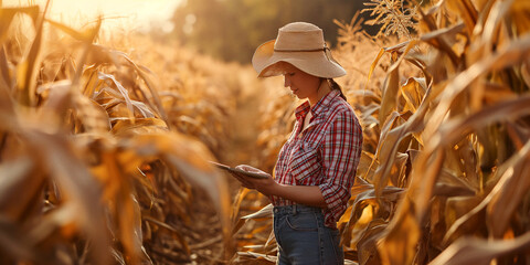 A stylish woman stands confidently in a sun hat, surrounded by the golden hues of an autumn corn field, embodying the hard work and beauty of agriculture