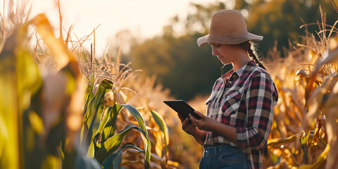 A stylish woman in a sun hat stands among the golden corn stalks, using her tablet to check on her cash crop during the crisp autumn season