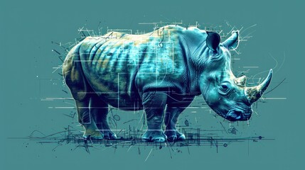  a rhino standing in front of a blue background with lines in the shape of a rectangle and lines in the shape of a rhino'rhino's head. - obrazy, fototapety, plakaty