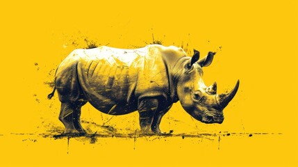 a rhinoceros standing in front of a yellow wall with a black rhinoceros on it's back and a black rhino on it's side.