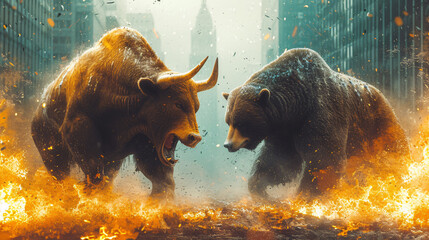 The essence of market dynamics with bull vs. bear stock market collection. Illustrate financial concepts, investing strategies, and market trends art combination ups & downs