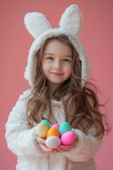 Obraz na płótnie Canvas A little girl in a white hare costume holds colorful Easter eggs in her hands on a pink minimalistic background