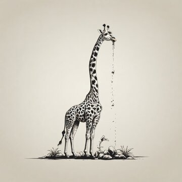A minimalist screen print style monochrome flat picture of a giraffe pooping 