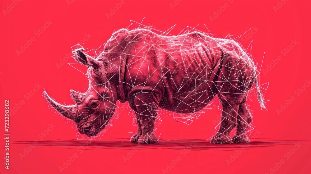 Poster  a rhino standing on a red background with lines in the shape of a rhino's head and a red background with lines in the shape of a rhino'rhino's head '.