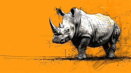  a drawing of a rhinoceros standing in front of a yellow wall with a black and white drawing of a rhinoceros on it's back side.