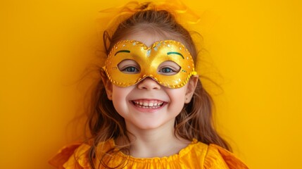 A five-year-old girl wearing a carnival mask laughs and looks at the camera on a minimalistic bright background