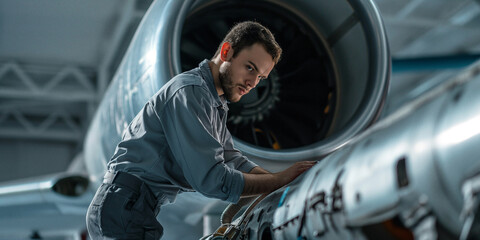 A seasoned aerospace engineer, dressed in a sharp uniform, gazes proudly at the jet he helped...